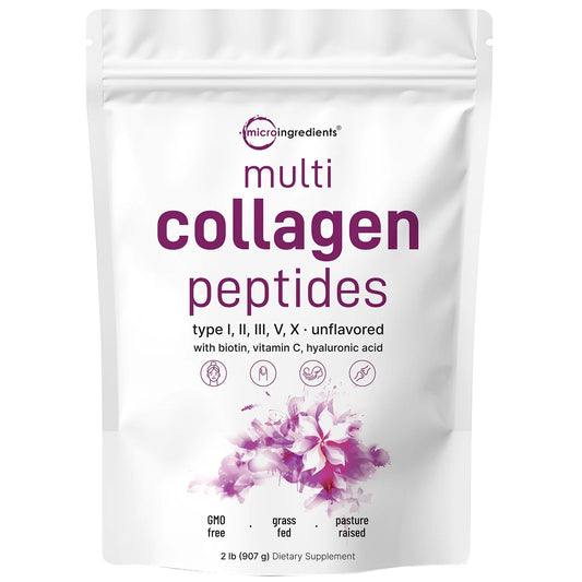 Micro Ingredients Multi Collagen Peptides Powder - Hydrolyzed Protein Peptides (Type I,II,III,V,X) with Hyaluronic Acid, Biotin & Vitamin C - Unflavored